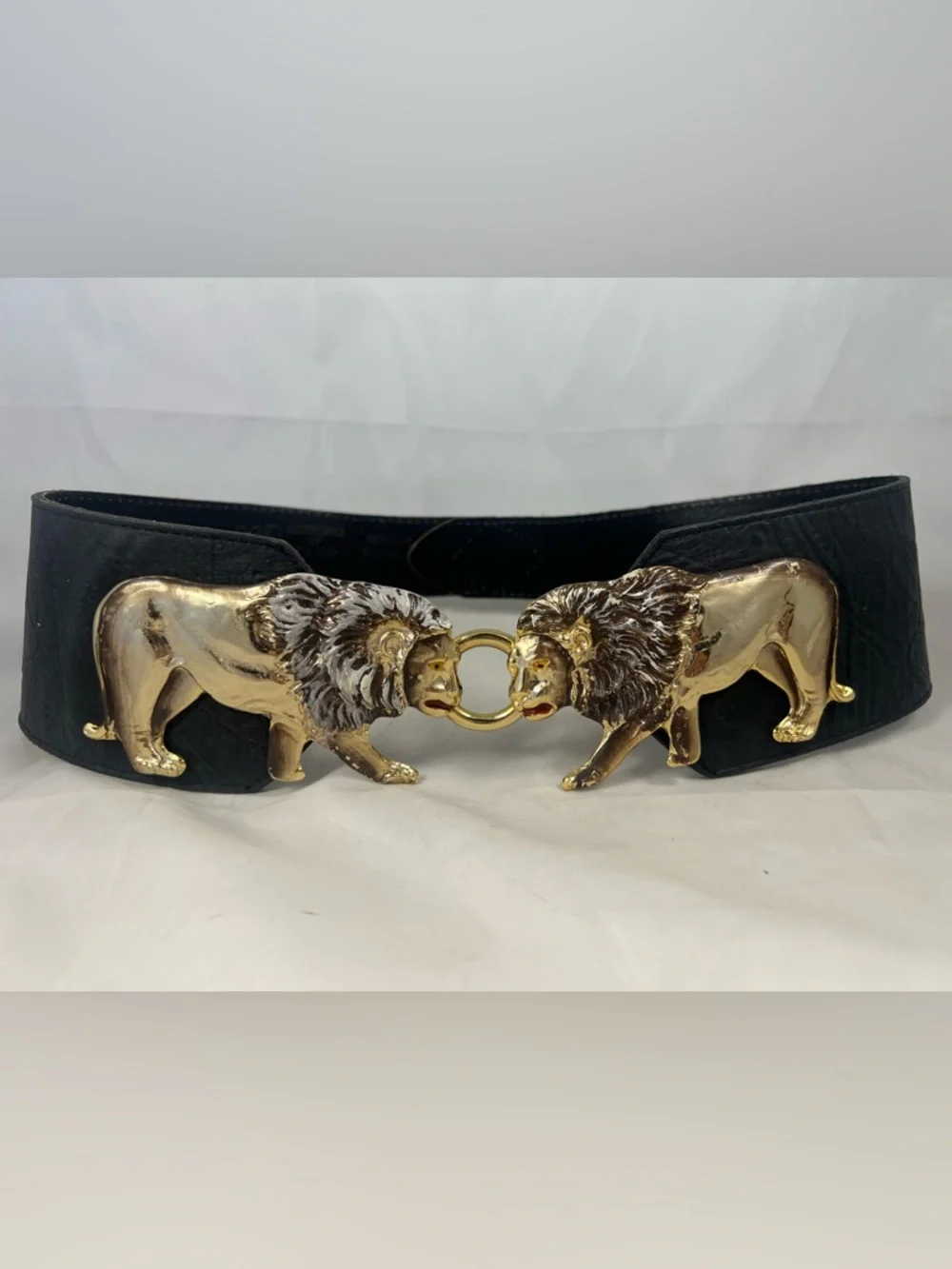Vintage Gold Tone Double Lion Buckle Wide Black Leather Waist Belt